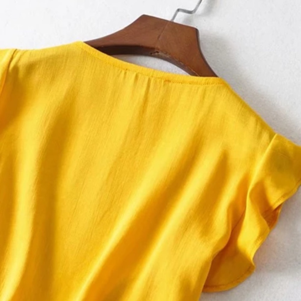 Boho yellow knotted crop top gypsy shirt flutter - Picture 3 of 5
